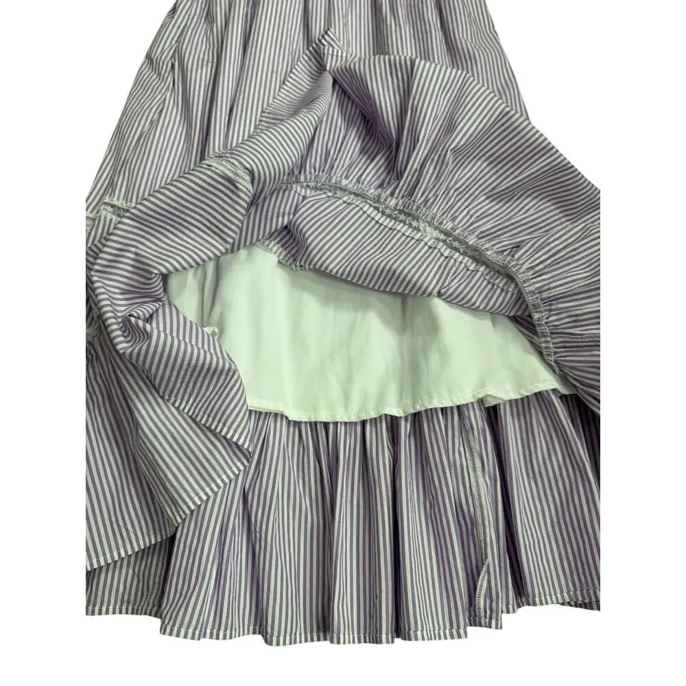J.Crew Tiered Ruffle Midi Dress Womens XS Purple White Striped Cotton Sundress